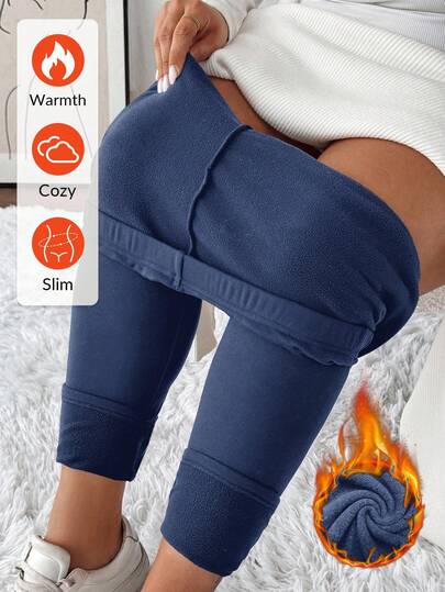 SHEIN LUNE Plus Size Women Solid Color Slim Fit Warm Thermal Lined Leggings Short Leggings For Women Cute Bottoms For Women Stretchy Shorts For Woman/Winter