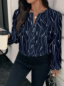 EMERY ROSE Áo sơ mi dài tay họa tiết chấm bi và sọc thanh lịch cỡ lớn, phù hợp cho mùa xuân và mùa thu - Màu xanh hải quân - Xem 5