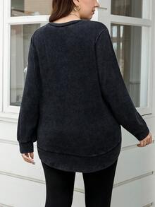 SHEIN LUNE Sudadera casual lavada de talla grande, otoño e invierno para mujer, apta para uso diario, ir a trabajar y uso casual, esencial para uso diario, trayecto y actividades al aire libre, top sencillo de mujer, unicolor - Negro - Ver 4