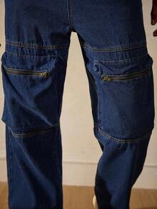 RivetRise Jeans droits en denim avec fermeture éclair, patchwork et poches, style mode de rue décontracté pour hommes - Jean brut - Voir 3