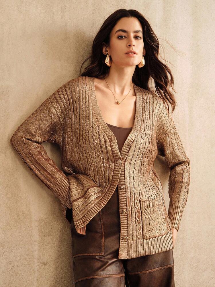 Nouveau cardigan tricoté mi-long imprimé feuille d'or, décontracté pour femmes, automne/hiver