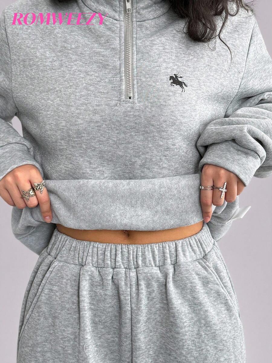 少女骑士印花长袖拉链连帽衫和运动裤休闲套装，秋季 - 灰色 - 查看 1