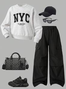 Set de 2 piezas: Sudadera de cuello redondo blanca con estampado de lema para niñas, combinada con pantalones cargo casuales de color caqui a la moda, ropa urbana - Negro - Ver 1