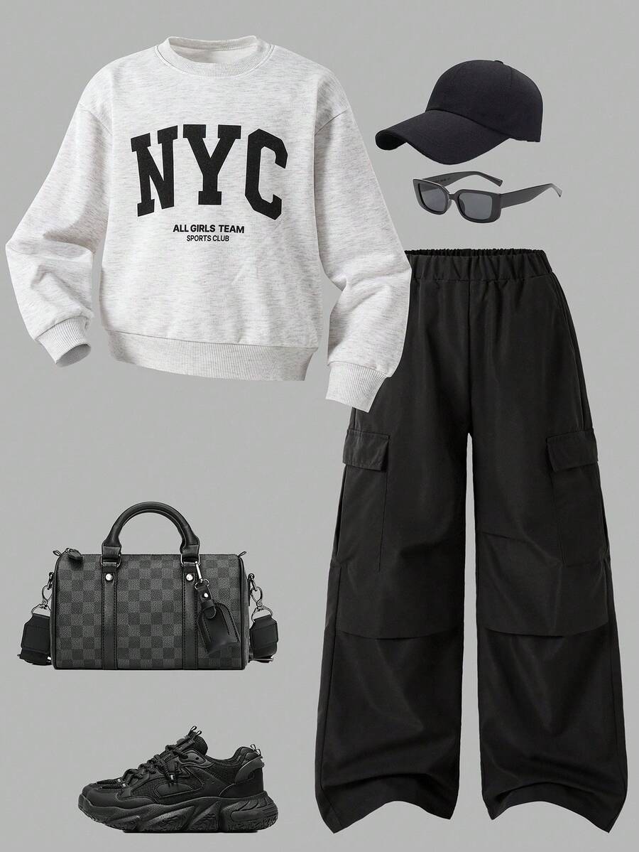 Set de 2 piezas: Sudadera de cuello redondo blanca con estampado de lema para niñas, combinada con pantalones cargo casuales de color caqui a la moda, ropa urbana - Negro - Ver 1