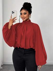Maweii Blus Fashion Longgar Berlipit Lengan Lentera Leher Tinggi Warna Polos untuk Wanita Ukuran Plus, Warna Natal - Merah - View 1
