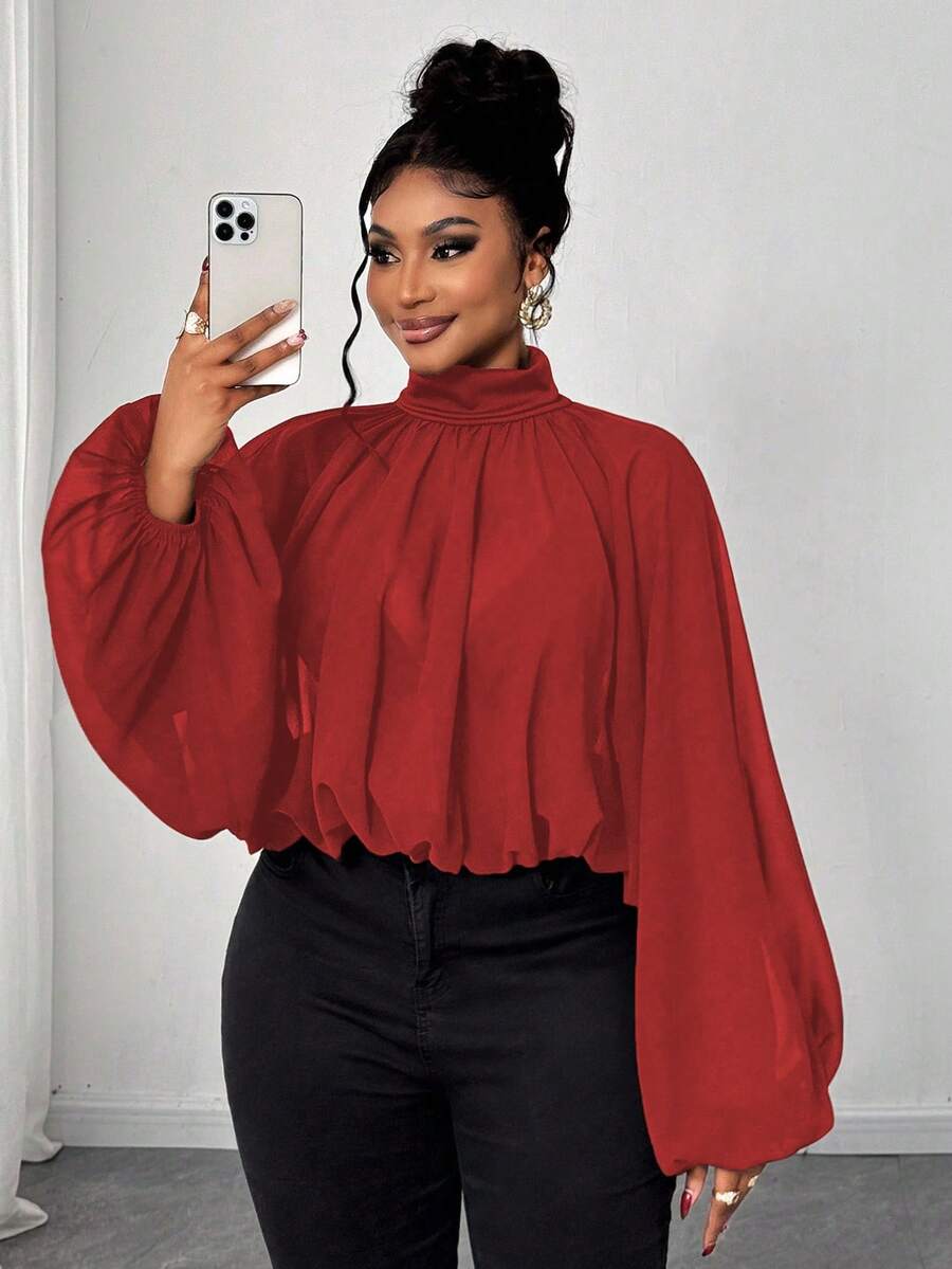 Maweii Blus Fashion Longgar Berlipit Lengan Lentera Leher Tinggi Warna Polos untuk Wanita Ukuran Plus, Warna Natal - Merah - View 1