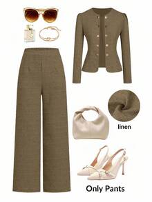 Ellevyn 大码女式纯色褶皱设计宽腿宽松休闲裤 - 棕色 - 查看 1