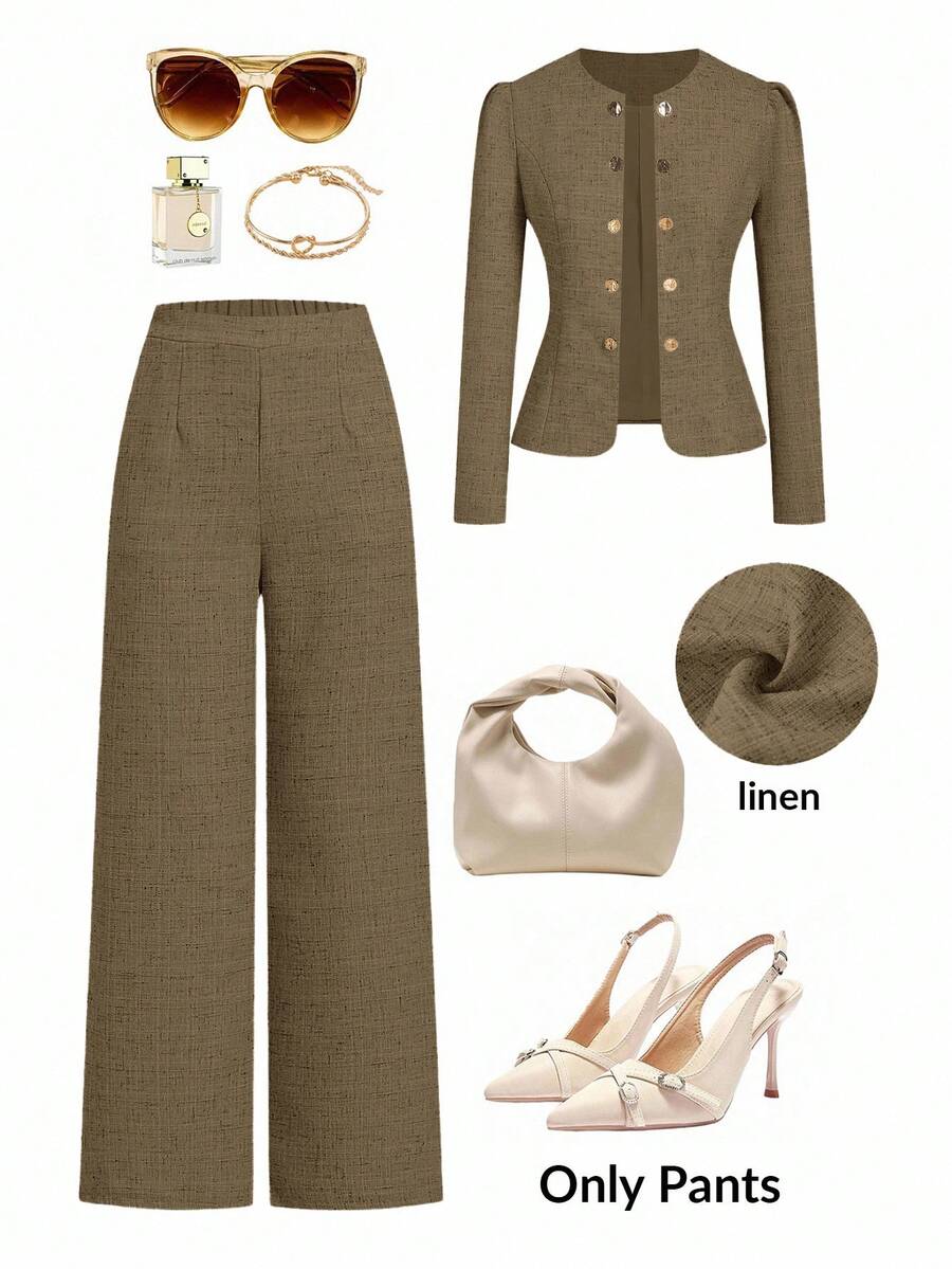 Ellevyn Quần ống rộng dáng rộng thiết kế xếp ly màu trơn cỡ lớn dành cho nữ - màu nâu - Xem 1