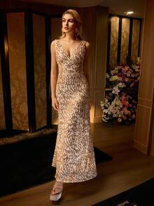 MOTF Soiréza WOMEN'S SEQUINS OPEN BACK V-NECK ELEGANT CEREMONIAL PROM DRESS - Champagne - View 5