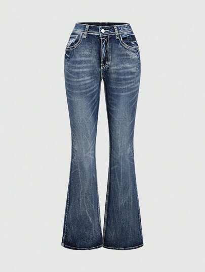 Grunge Punk Pantalon évasé à taille ultra basse vintage rétro délavé pour femmes