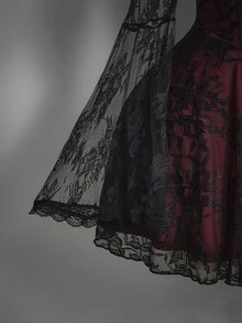 SHEIN ICON Váy ren phối màu cổ vuông cỡ lớn, váy dự tiệc Y2K tay loe, bộ hai mảnh ren nhún vai, trang phục Halloween - Màu Đỏ Sâu - Xem 7