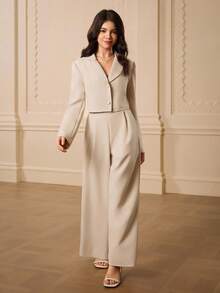 优雅简约时尚优雅西装外套，领口，长袖，短款剪裁，卡其色，搭配高腰宽松直筒裤，适合少女，返校装，四季皆宜，圣诞节