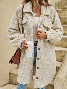 SHEIN Frenchy 秋冬落肩翻盖细节泰迪熊大衣 - 杏色 - 查看 3