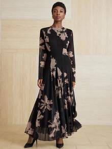 Aveloria Modichic Váy suông in họa tiết cọ ngẫu nhiên phong cách quý cô thanh lịch, cổ tròn tay dài co giãn - Nhiều màu - Xem 4