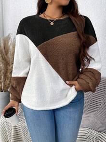 SHEIN LUNE Plush Warm Color Block Crew Neck Plus Size Sweatshirt Fall Sweater Winter Tops For Women Pullover For Women Brown Sweater Women Sweater - Coffee Brown - View 4