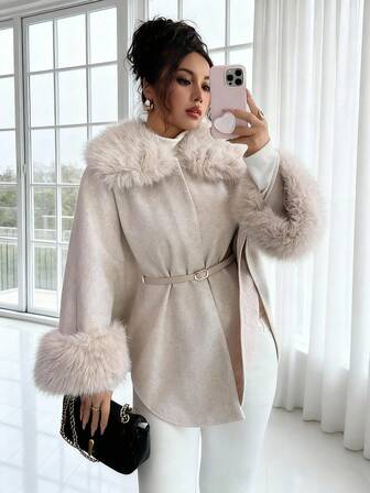 Islaluna Fashionable And Elegant Daily Wear, High-Quality Temperament Waist Cape With Fur Collar For Women, Autumn And Winter Woolen Coat For Going Out, Women's Winter Wear, Autumn And Winter Coat, Autumn And Winter Jacket, Women's Christmas Wear
