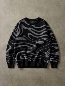Manfinity Hypemode 大码男士休闲拼色波浪纹毛衣，秋冬 - 黑色 - 查看 2