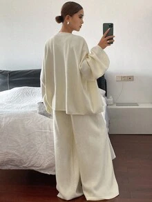 Livesso 2pcs Women Casual Loose Knit Sweater Set, White, Autumn - White - View 2