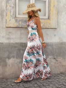 Brillora 熱帶印花凸花蕾絲嵌入組吊帶洋裝