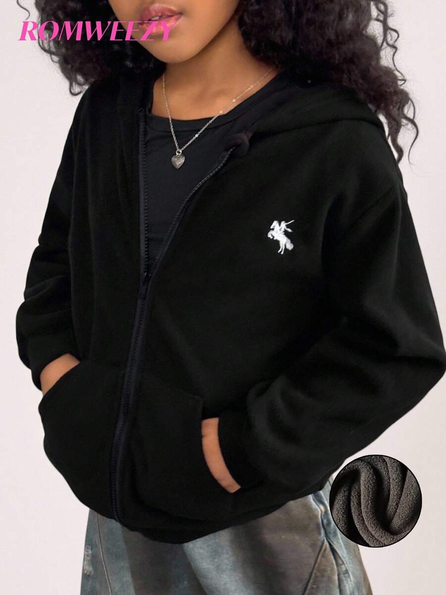Embroidered Fleece Casual Fashionable Sweatshirt Jacket For Older Tween Girl Fall Winter - Black - View 1