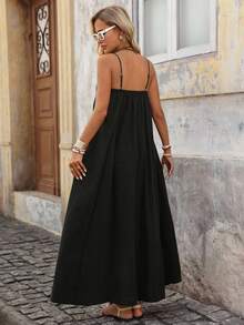 Brillora Vestido de ajuste holgado de unicolor tejido con tirantes de espagueti, para mujeres, apto para primavera y verano - Negro - Ver 2
