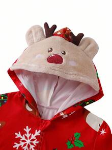 Macacão de manga comprida com capuz e estampa gráfica de Natal minimalista vermelho para menino