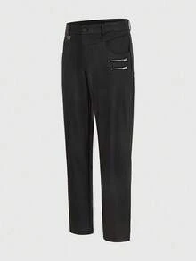 ROMWE MEN Men's Solid Color Casual Gothic Skinny Pants With Zipper Pockets, For Fall - Black - View 3