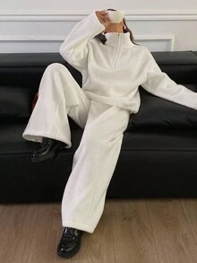 DAZY 两件套女士纯色宽松翻领拉链羊羔绒连帽衫和宽松版型长裤休闲街头风加厚套装，秋冬运动服套装 - 白色 - 查看 6