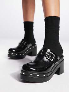 Sugerpunk Women's Fashionable Thick Sole Black Buckle Decor High Heel Shoes, Suitable For Summer Y2K Punk Chic Street Sports Goth Style, Spring Vacation Easter