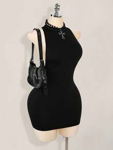 SHEIN ICON 纯色交叉露背性感休闲迷你连衣裙 - 黑色 - 查看 5