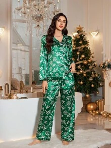 LuxeNights 圣诞雪花字母印花仿丝翻领上衣和裤子女士睡衣套装 绿色睡衣套装，秋冬服装 - 綠色 - 查看 3