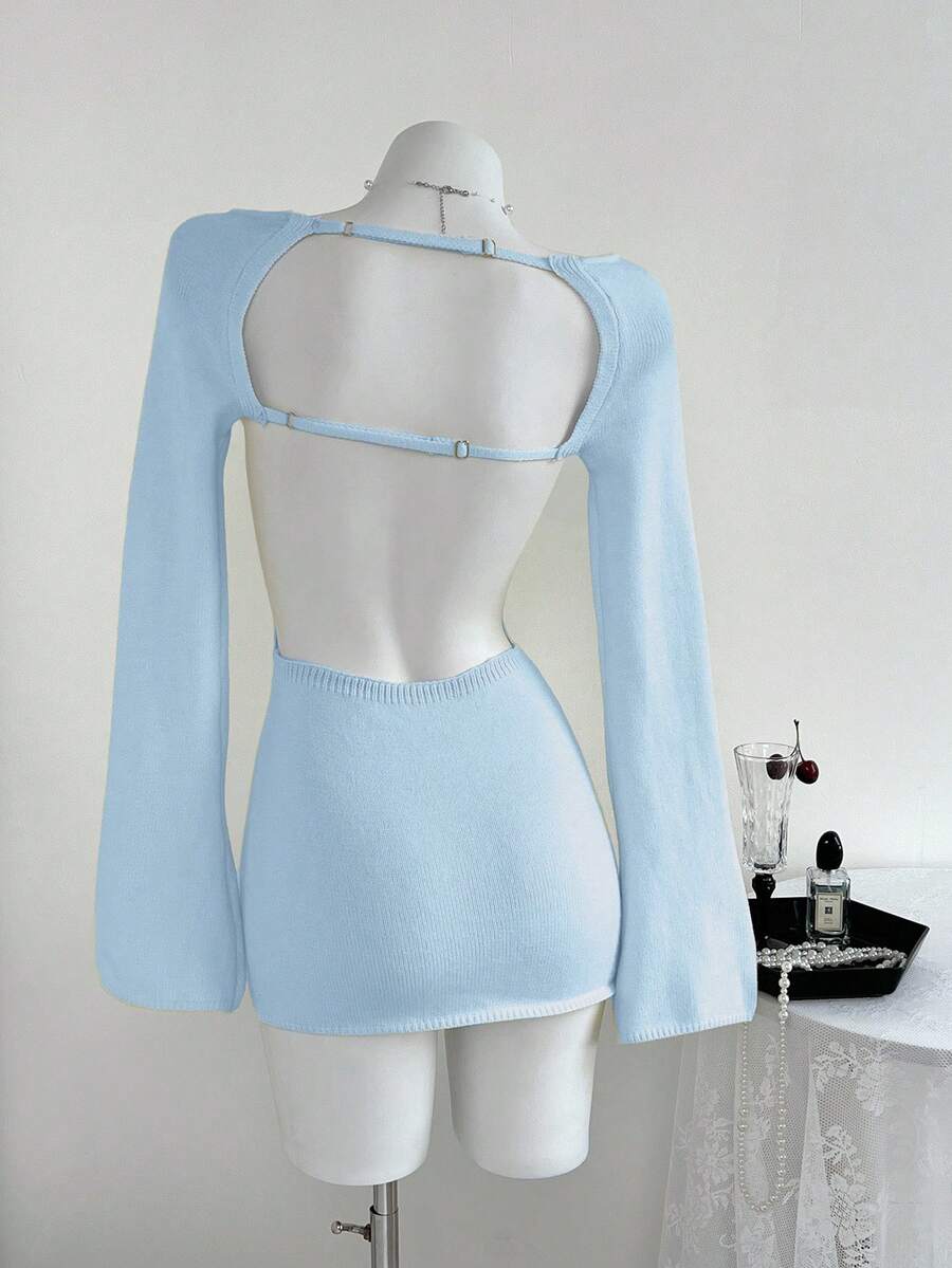 Elamini Sexy Open Back Solid Color Long Sleeve Sweater Dress - Baby Blue - View 1