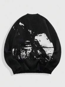 ROMWE MEN Street Life 男士开襟深色蝴蝶提花绒面针织开衫，街头风，秋冬款 - 黑與白 - 查看 2