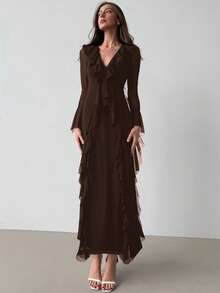 Aloruh Black Knit Mesh Deep V-Neck Long Sleeve Ruffle Hem Dress,Wedding Guest Dress Women