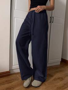 CovetEZ 女士休闲日常通勤简约百搭纯色海军蓝抽绳腰部宽松阔腿裤 - 藏蓝色 - 查看 3