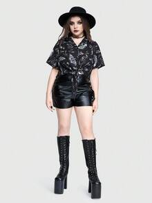 ROMWE Gothic Floral Print Tie Front Loose Cropped Shirt For Women - Multicolor - View 2