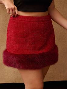 MOTF PREMIUM CHRISTMAS PLUS TWEEN CONTRAST FURRY HEM SKIRT - Red - View 7