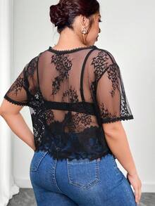 Elenzga Plus Guipure Lace Trim Mesh Top Without Bra - Black - View 2