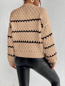 EMERY ROSE Women's Casual Everyday Commute Colorblock Striped Pattern Dropped Shoulder Loose Popcorn Knit Pullover Sweater, Autumn/Winter - Apricot - View 2