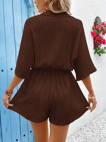 Vivid Eden Damen Lässig Alltags Pendler minimalistischer einfarbiger strukturierter Stoff Loose Fit Gürtel Jumpsuit, Drop-Shoulder