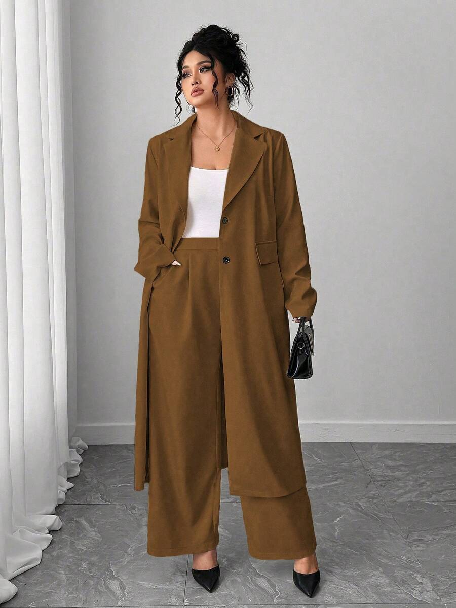 Elenzga 大码女式优雅翻领长款西装外套 + 裤子套装，杏色 - 棕色 - 查看 1