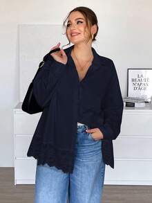 SHEIN Essnce Camisa de mujer talla grande, blusa de primavera, blusa de salida, parche de encaje, ropa de San Valentín, blusas de verano para salir, ropa de primavera, atuendos de rave, atuendos de festival, atuendos de primavera para mujeres