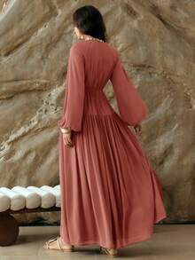 Revavyn Đầm suông cổ chữ V tay dài, eo rút dây, nhún bèo thanh lịch dành cho nữ, thích hợp mặc đi làm, du lịch và nghỉ dưỡng, mùa xuân/hè - Hồng - Xem 3