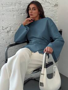 Aloruh Boat Neck Flared Sleeve Cropped Ruched Office Wear Women's Apricot Blouse - Blue - View 6
