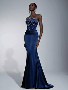 Elitara Elegant Handmade Rhinestone Embellished Strapless Mermaid Tail Dress With Ruched Waist,Perfect For Weddings,Formal Events,Galas,Dates And Vacations - Navy Blue - View 5