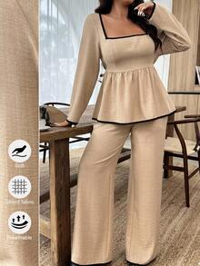 Weeklong 大码休闲通勤拼色衬衫和裤子两件套 - 卡其色 - 查看 1