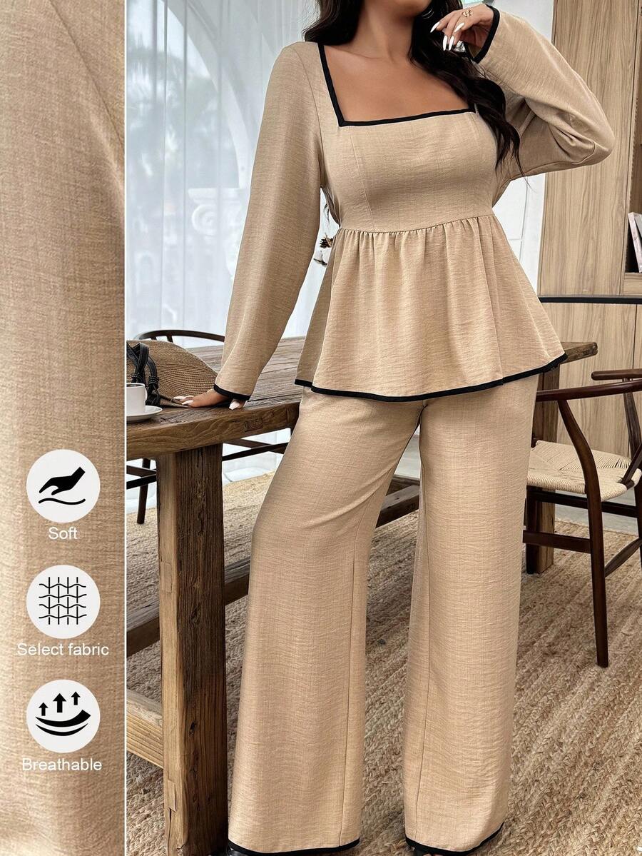 Weeklong 大码休闲通勤拼色衬衫和裤子两件套 - 卡其色 - 查看 1