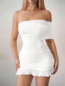 Sweetina Vestido mini asimétrico con hombros descubiertos y malla ajustada - Blanco - Ver 6