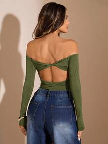 SHEIN BAE 1pc Women's Solid Black Off Shoulder Long Sleeve Backless Bodysuit, Elegant Bodysuit, Autumn/Winter Layering Bodysuit