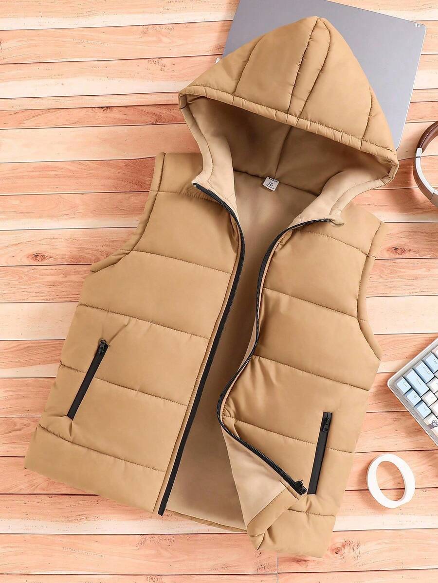 SHEIN Explorewe Tween 男童休闲连帽背心，适合户外、秋冬季 - 棕色 - 查看 1